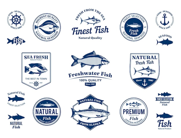 Etiquetas de logotipo de peixe e elementos de design