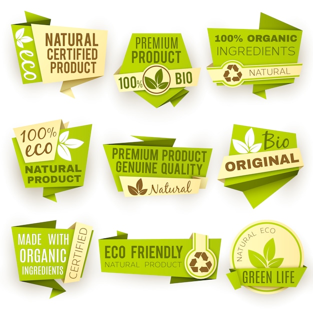 Vetor etiquetas frescas do vetor do produto da exploração agrícola orgânica saudável. emblemas de comida vegan verde e rótulos. emblema de adesivo bio verde para ilustração de comida eco