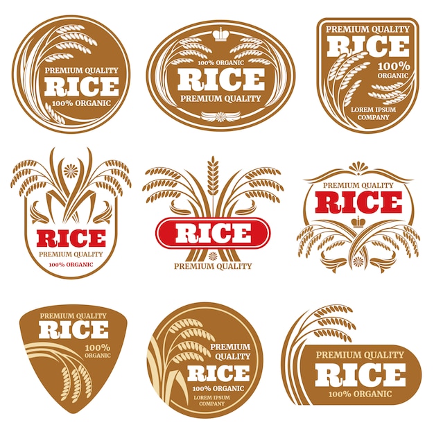 Etiquetas orgânicas do arroz da grão da almofada. logotipos de comida saudável isolados