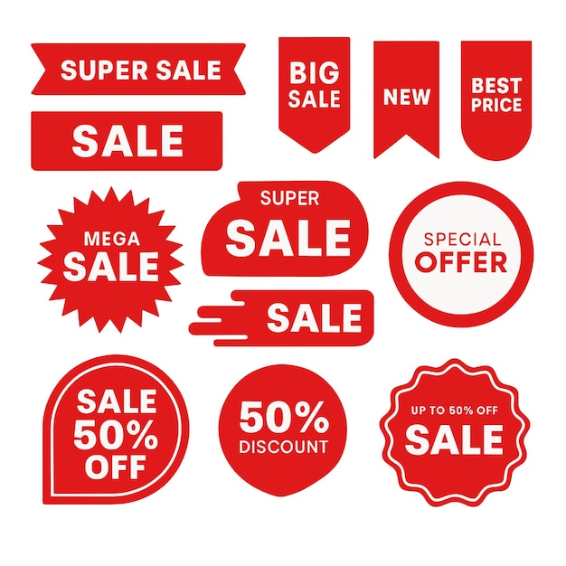 Etiquetas vermelhas de venda e banners de desconto para promoções