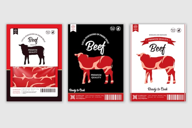 Etiquetas vetoriais de açougue com silhuetas de animais de fazenda Vaca, galinha, porco, cordeiro, peru e pato