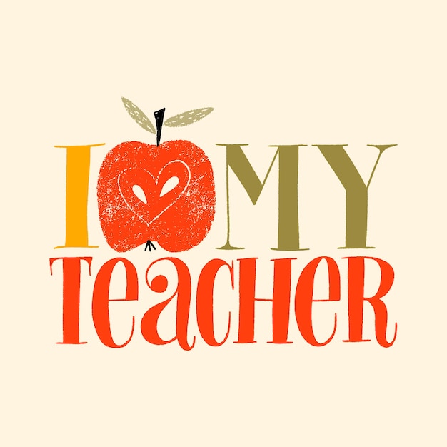 Eu amo minha professora citação de letras desenhadas à mão para a apreciação do professor com uma maçã vermelha