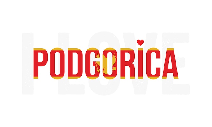 Vetor eu amo podgorica com uma bandeira de montenegro em um fundo branco capital de montenegro