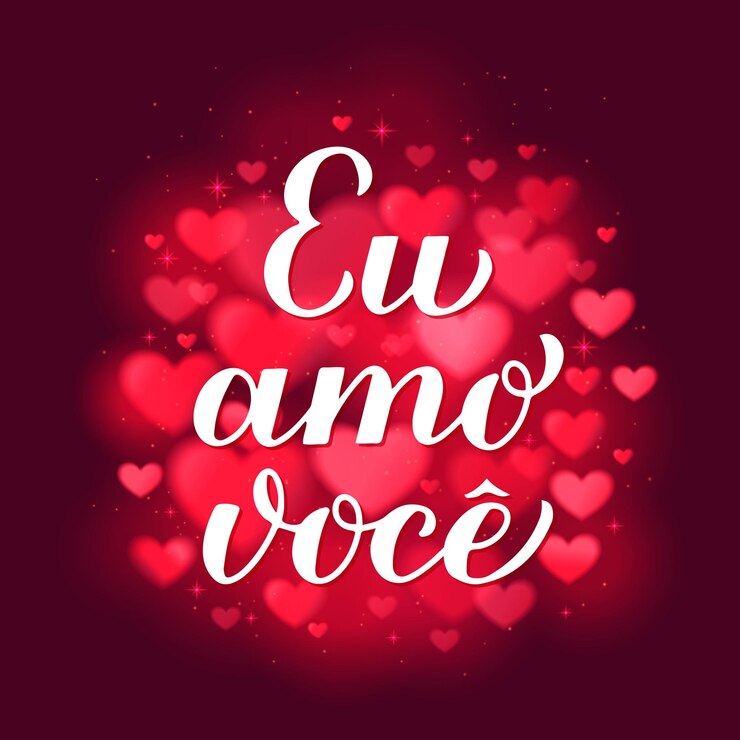 Vetor eu amo voce caligrafia letras à mão em vermelho coração borrado fundo i love you em brasileiro português dia dos namorados cartaz tipografia modelo vetorial para cartaz de saudação bandeira etc