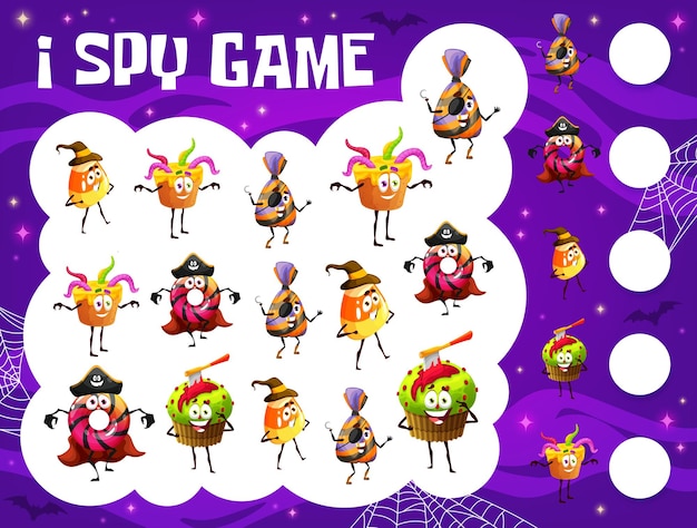 Eu espio o jogo de personagens de doces de halloween dos desenhos animados