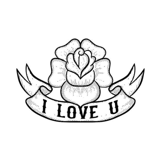 Eu te amo com flor rosa ilustração desenho desenhado à mão desenho lineart vetor de estilo vintage