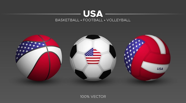 Vetor eua américa bandeira basquete futebol bolas de vôlei maquete 3d ilustração de esporte vetorial isolada