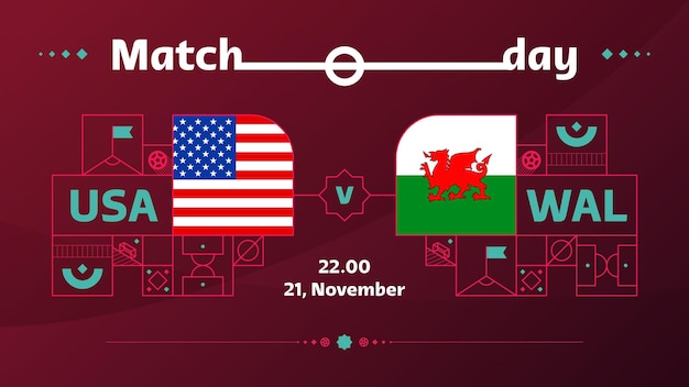 Eua wales match football 2022 2022 world football competition championship match versus times intro esporte fundo campeonato competição cartaz ilustração em vetor