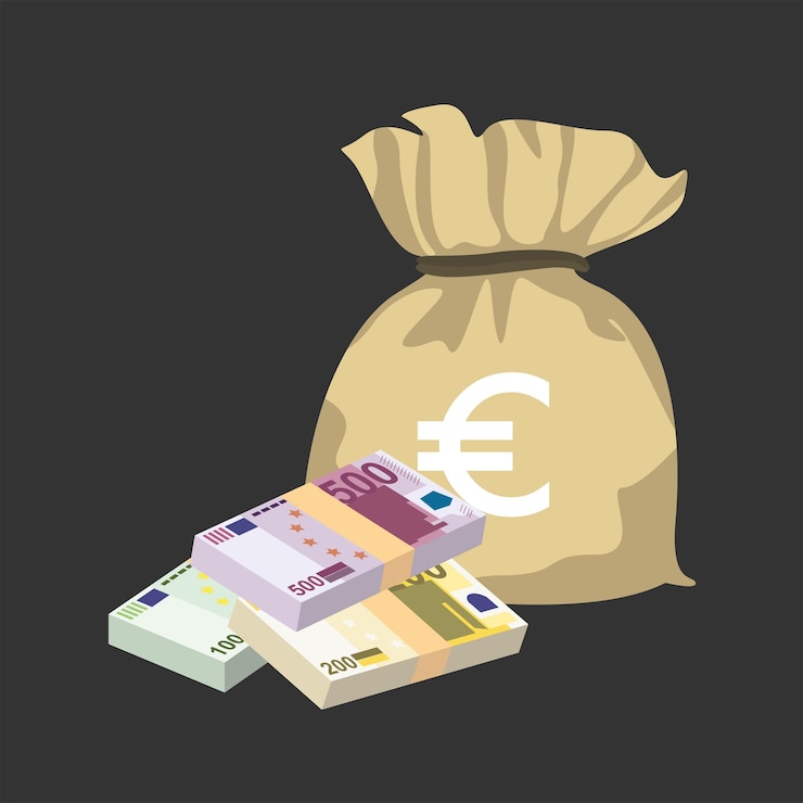 Euro Ilustração vetorial Europa conjunto de dinheiro notas de pacote Saco de dinheiro 100 200 500 EUR