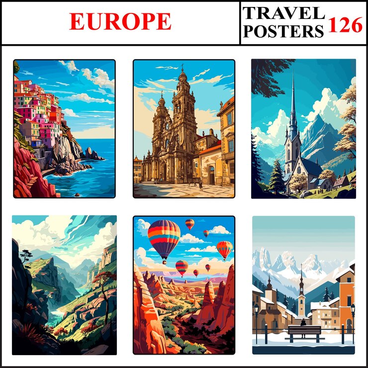 Vetor europa cinque terre santiago de compostela lourdes poster de viagem coleção de impressões de arte de parede set 126