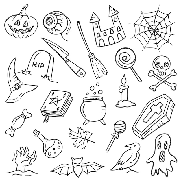 Conjunto doodle desenho mão desenhada halloween preto e branco