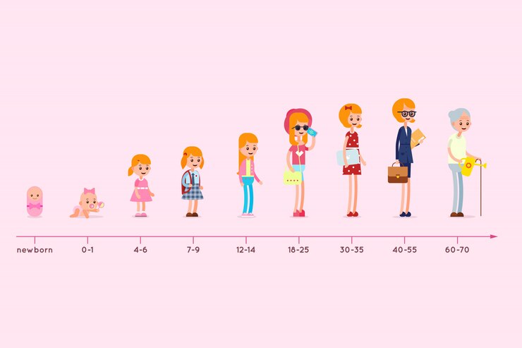 Vetor evolução da residência de uma mulher desde o nascimento até a velhice. estágios de crescimento. gráfico de ciclo de vida. infográfico de geração