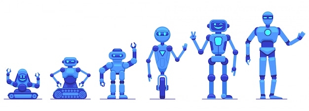 Evolução de robôs. progresso da tecnologia robótica, personagens futuristas robô mecânico, conjunto de ícones de ilustração de tecnologia de robôs. evolução da máquina futurista de robô, cyborg de inteligência