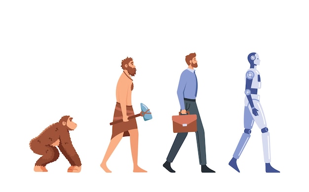 Evolução humana conceito desenvolvimento humano homem das cavernas macaco homem de negócios ciborgue evoluir