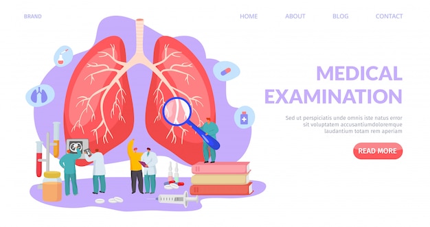 Exame médico do pulmão, ilustração de pouso. diagnóstico e tratamento do sistema respiratório, cuidados profissionais de saúde.