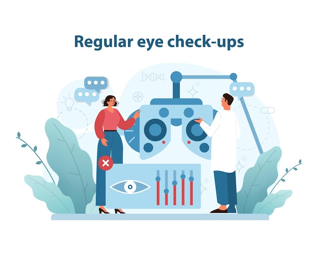 Exames oculares regulares Ilustração de um paciente envolvido com o equipamento de exame ocular como um médico