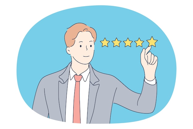 Excelente avaliação, serviço perfeito e conceito de feedback do cliente. empresário sorridente em pé e