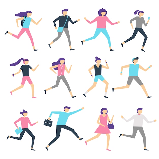 Executando pessoas. homem e mulher, correr, treino de corrida e corredores de esporte atlético. esportes exercitando ilustração vetorial plana isolada