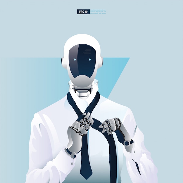 Executivos humanóides futuristas com conceito de tecnologia de inteligência artificial. Trabalhadores de escritório robô colocando uma ilustração de gravata