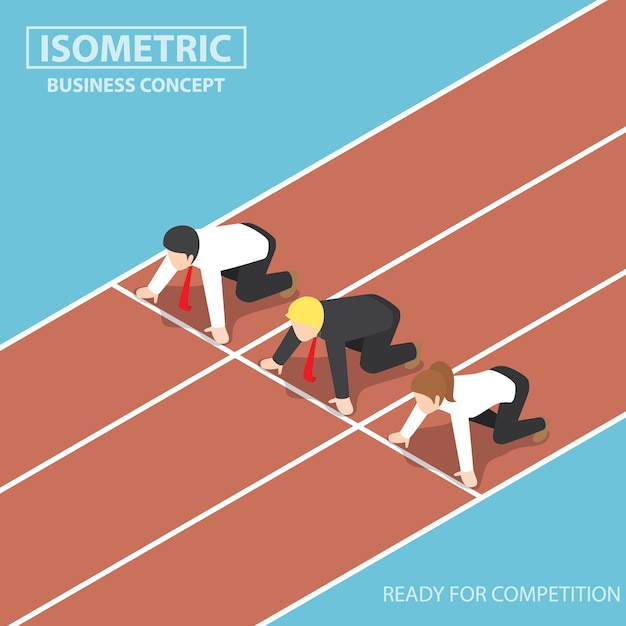 Executivos na linha de partida do hipódromo e prontos para correr, conceito de competição empresarial