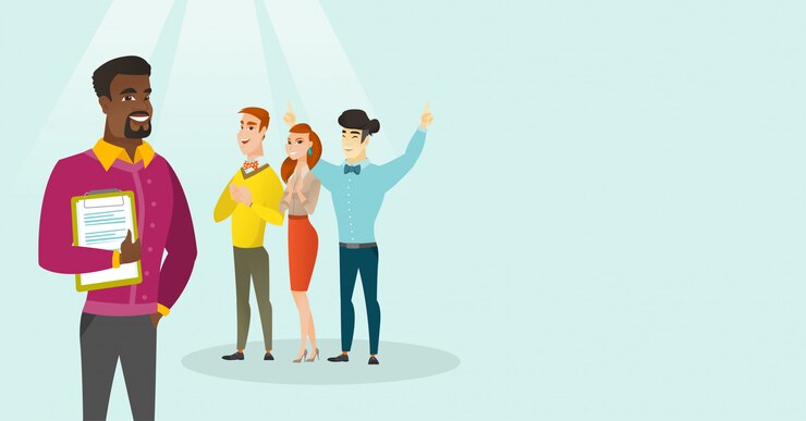 Vetor executivos novos que aplaudem na conferência.