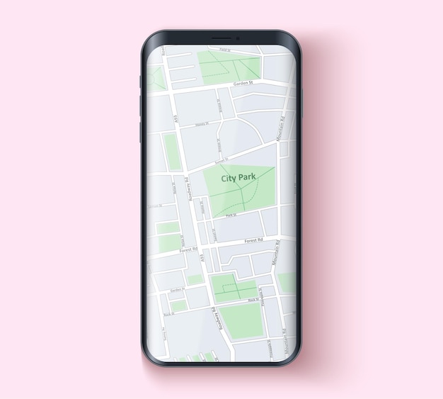 Vetor exemplo de smartphone modelo sem moldura com mapa na tela.