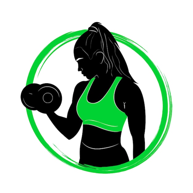 Vetor exercício com halteres. logotipo. mulher em treinamento. fitness. halteres. silhueta. esporte. academia.