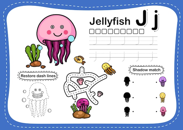 Exercício de água-viva com letra do alfabeto com vocabulário de desenho animado