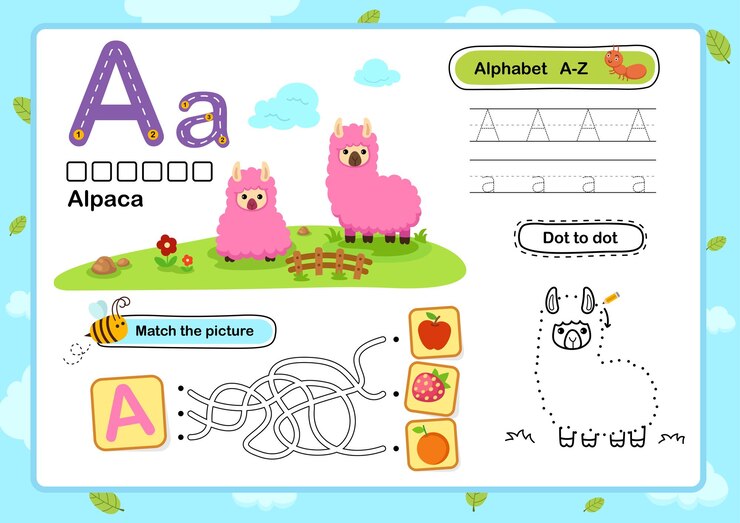 Vetor exercício de alfabeto aalpaca com vetor de ilustração de vocabulário de desenhos animados