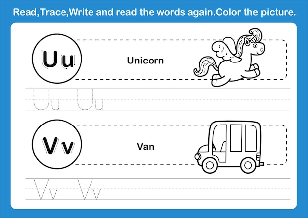 Exercício de alfabeto uv com vocabulário de desenho animado para livro de colorir