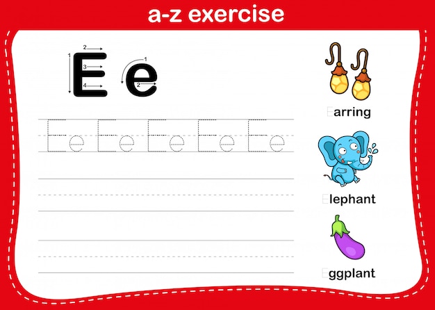 Exercício de az do alfabeto com ilustração de vocabulário dos desenhos animados, vetor