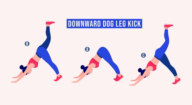Exercício de chute de perna de cachorro para baixo mulher treino fitness aeróbico e exercícios ilustração vetorial
