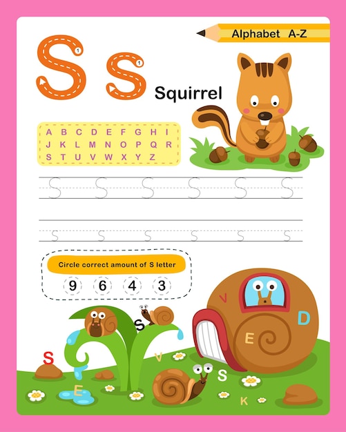 Exercício de esquilo da letra S do alfabeto com vetor de ilustração de vocabulário de desenho animado