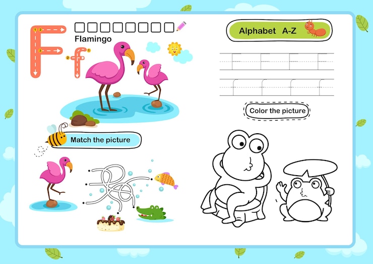 Vetor exercício de letra fflamingo com vetor de ilustração de vocabulário de desenhos animados