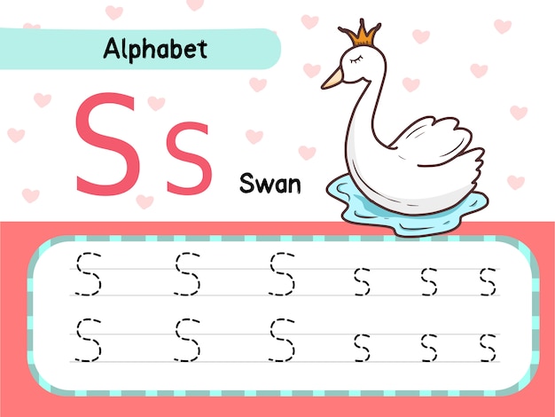 Exercício de planilha de rastreamento de letras swan s para crianças aprendendo ilustração de desenhos animados