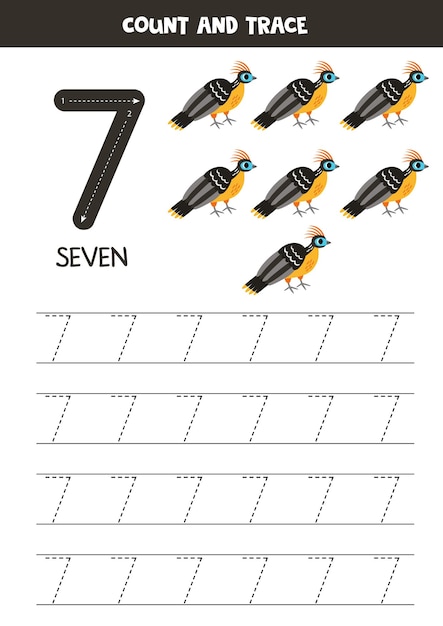 Exercício de rastreamento de números escrevendo o número sete cartoon hoatzin bonito