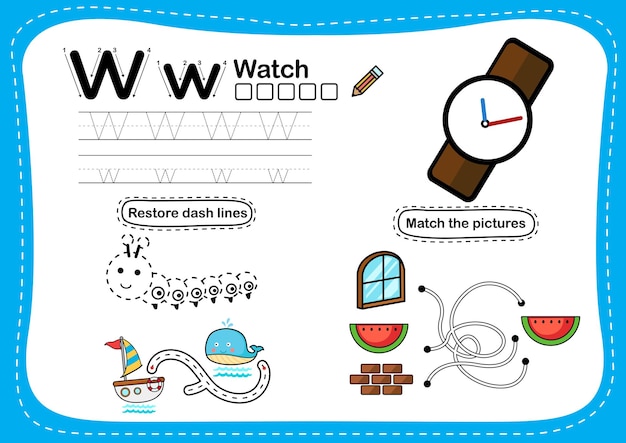 Exercício de relógio de letra w do alfabeto com vetor de ilustração de vocabulário de desenho animado
