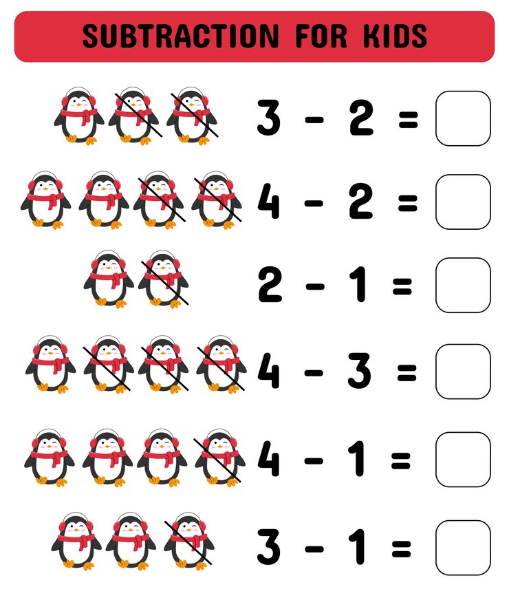 Vetor exercício de subtração com pinguins de natal um jogo de matemática divertido para pré-escolares e jardins de infância