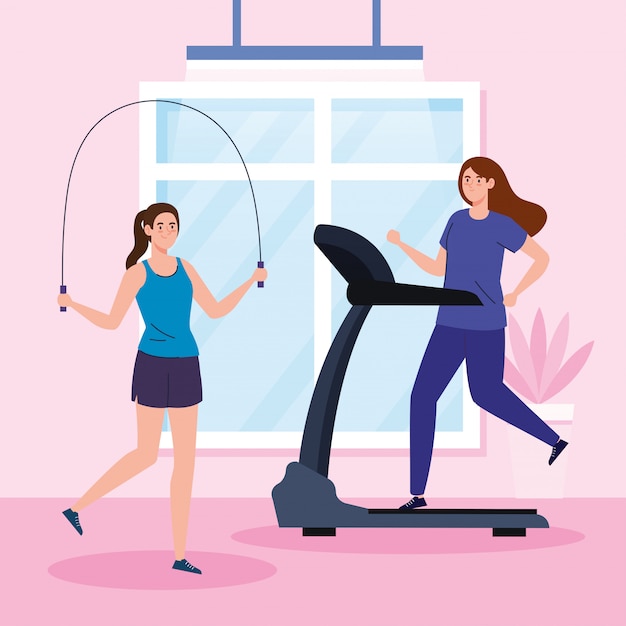 Exercício em casa, mulheres praticando esporte, usando a casa como academia