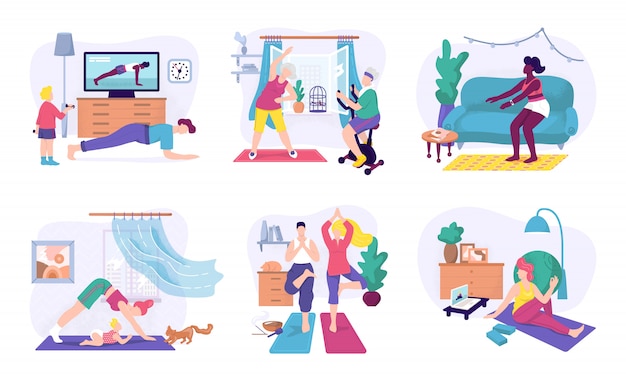 Exercícios de esporte em casa, conjunto de ilustração. Personagem masculina e feminina, exercitando exercícios de fitness e ioga em casa. Estilo de vida saudável do esporte, conceito de atividade com treinamento apto para exercícios.