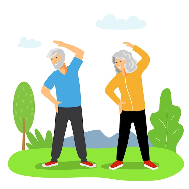 Vetor exercícios para idosos uma mulher idosa e um homem idoso fazendo exercícios ao ar livre saudável
