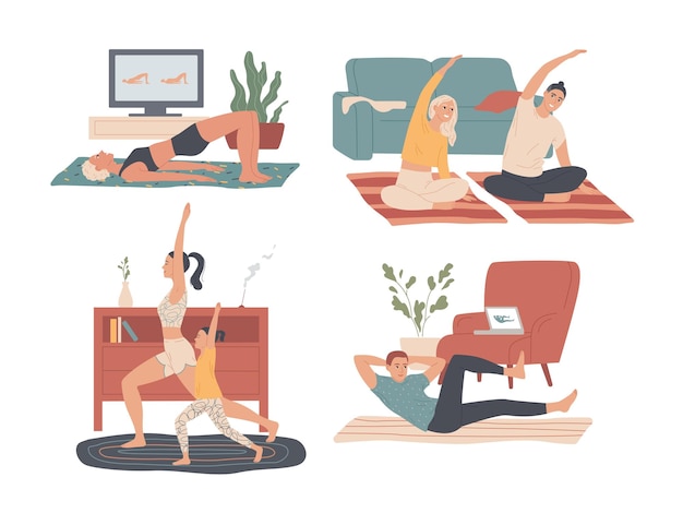 Exercitando-se em casa Pessoas realizando atividades esportivas treino de fitness