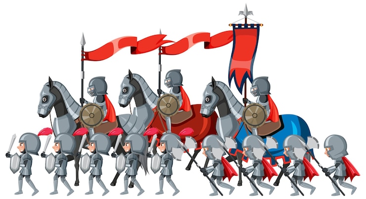 Vetor exército de cavaleiros medievais em fundo branco