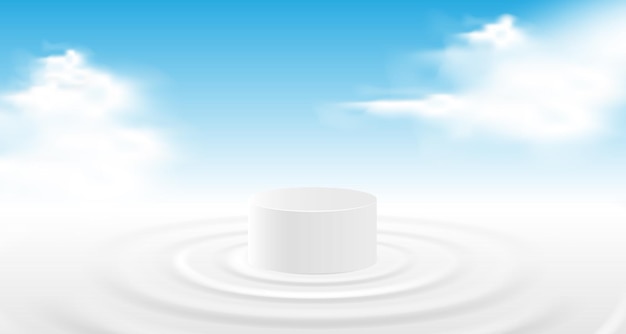 Exibição de plataforma de pódio branco no meio da ondulação da água na pá de leite com fundo de céu nublado