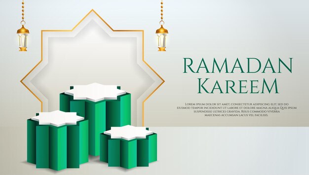 Exibição de produto 3d islâmico com tema de pódio verde e branco com lanterna para o ramadã