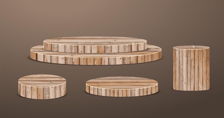 Vetor exibição de produtos wood podium e apresentação de plataformas maquete mostram design de pedestal de palco cosmético, ilustração vetorial