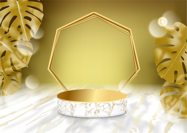 Vetor exibição de vetor 3d pódio de mármore branco com decoração de fundo dourado por cena de folhas de monstro de ouro