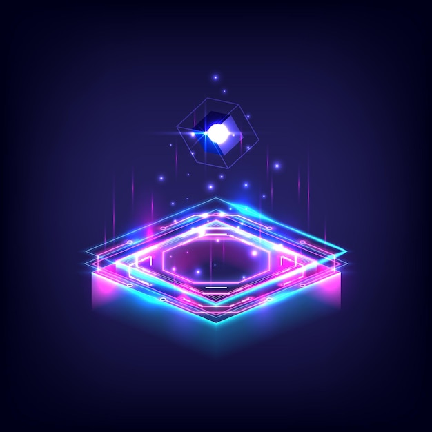 Exibição e apresentação do produto Tecnologia scifi futurista plataforma cyberpunk pedestal cyber Pódio quadrado Iluminações de néon holográficas Portão violeta mágico na fantasia do jogo