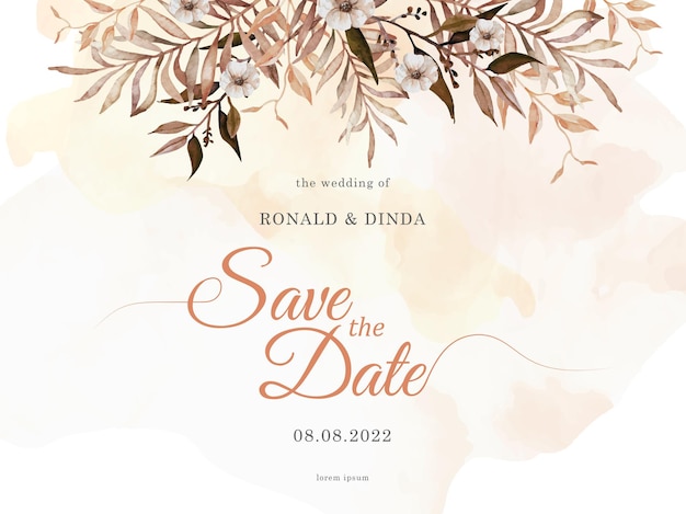 Vetor exóticas pinturas florais secas com respingos de aquarela no cartão de convite de casamento