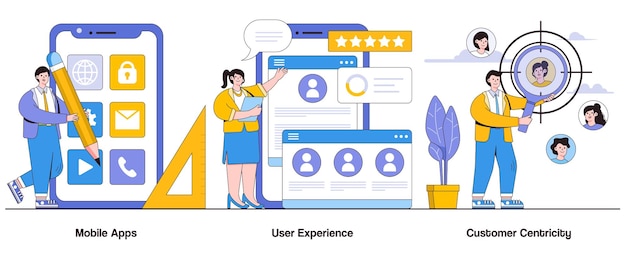 Vetor experiência do usuário de aplicativos móveis conceito de centricidade do cliente com personagem interação comercial conjunto de ilustrações vetoriais abstratas interface de usuário de navegação contínua metáfora de soluções personalizadas